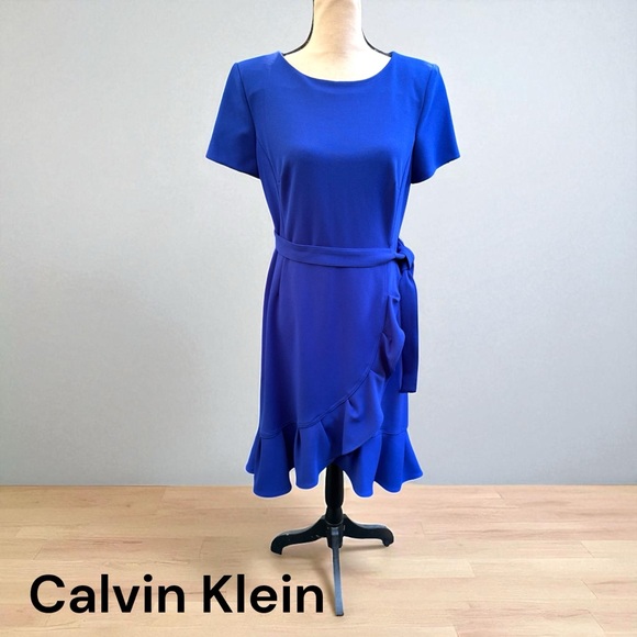 Calvin Klein-Women's Ruffle-Hem Sheath Dress. 10. Bahamian blue. Gold zip. EUC! - Picture 1 of 16